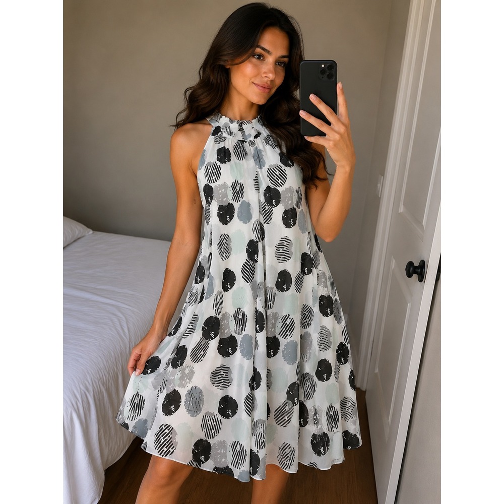 C Est. 1946 Women Large Abstract Polka Dot‎ Pleated Halter Trapeze Midi Dress